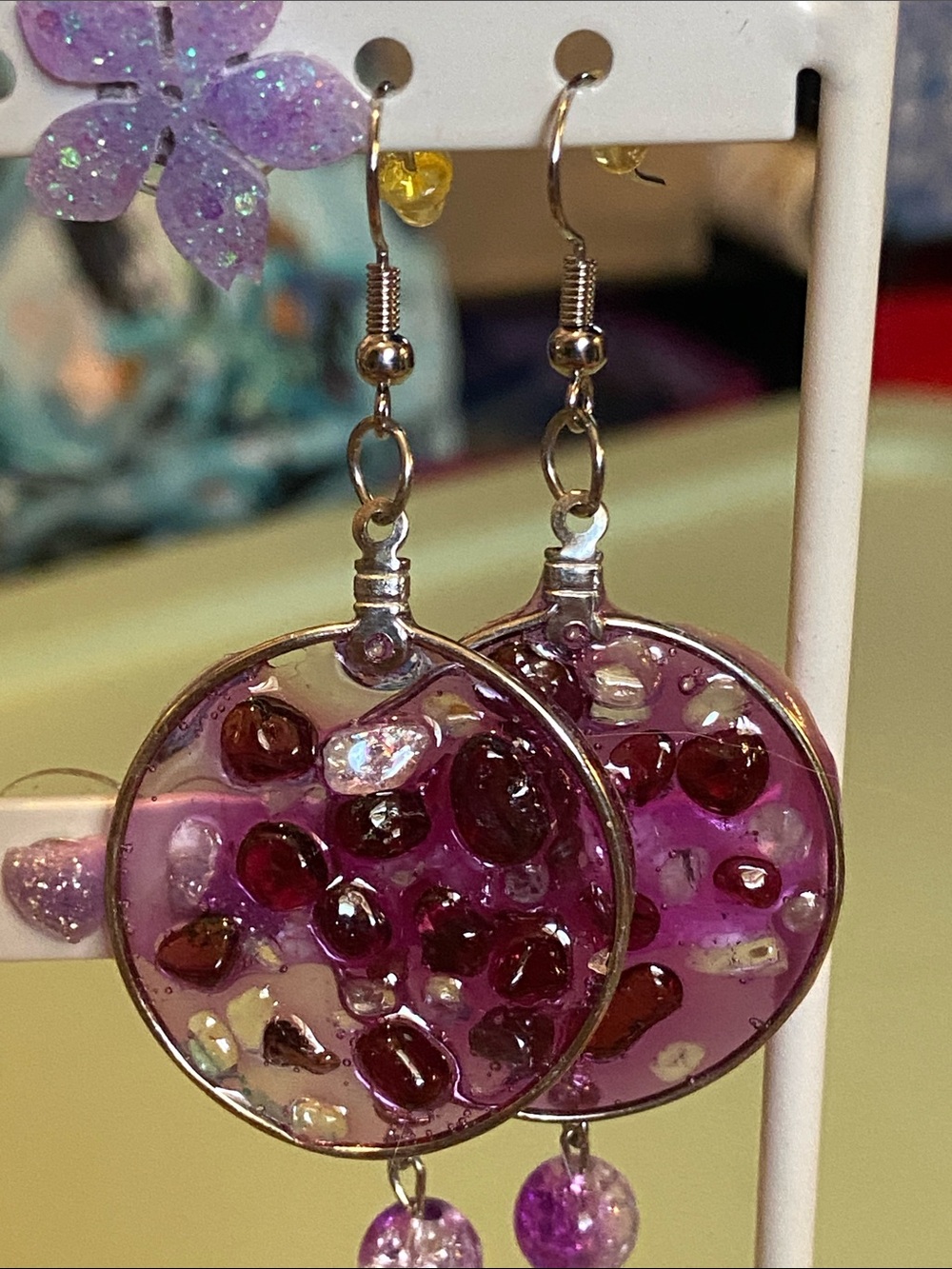 Handmade Purple Resin Hoop Drop Earrings